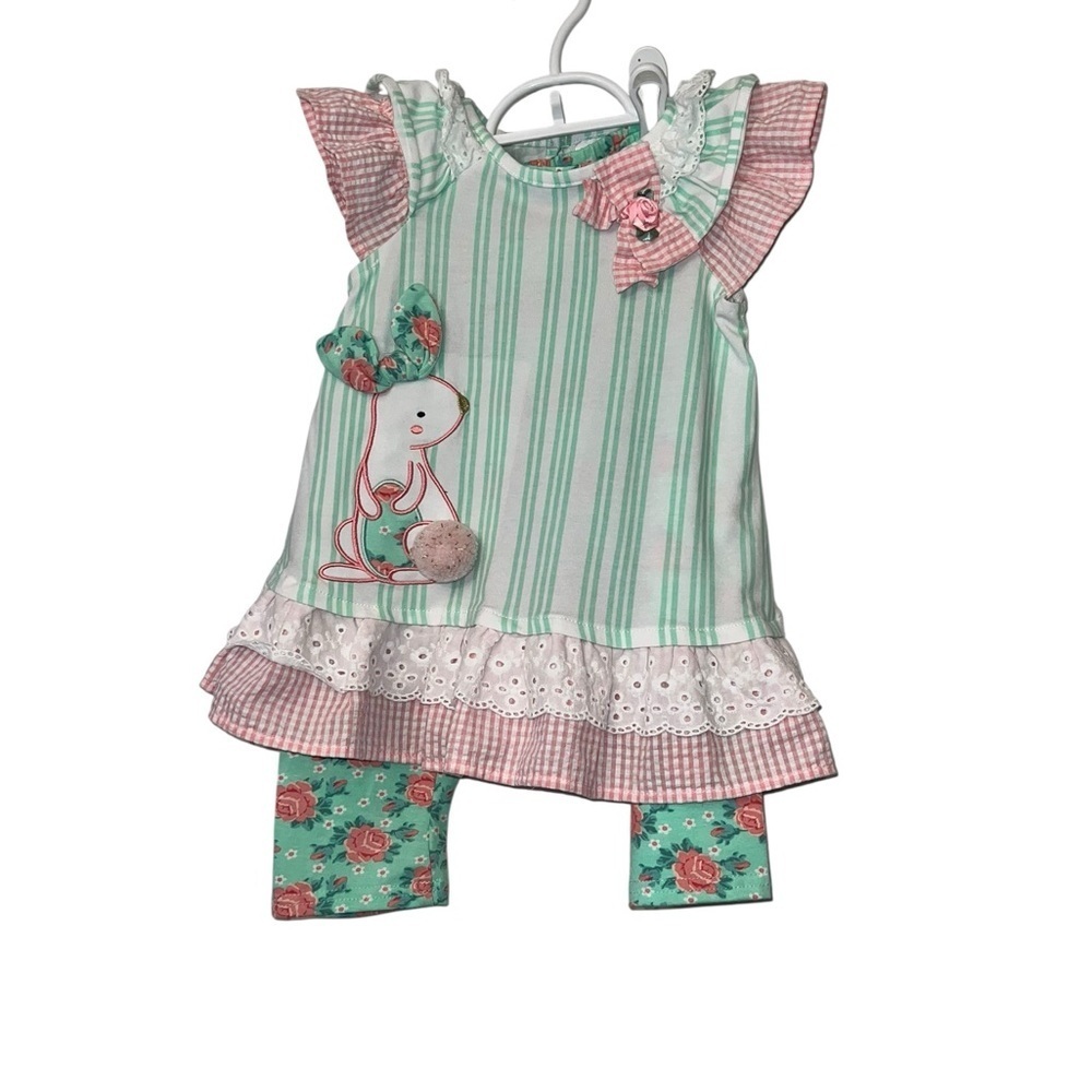 Rare Editions Mint Pink Floral stripe bunny embroidered pant Set sz 4T